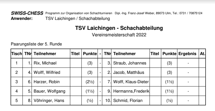 Paarungsliste der 5. Runde Vereinsmeisterschaft 2022